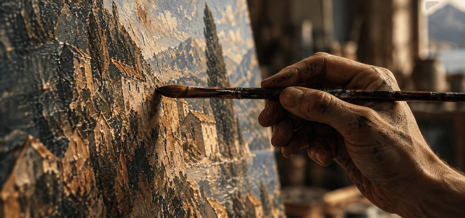 A painter's hand touching a fine brush to the thick impasto surface of a landscape canvas