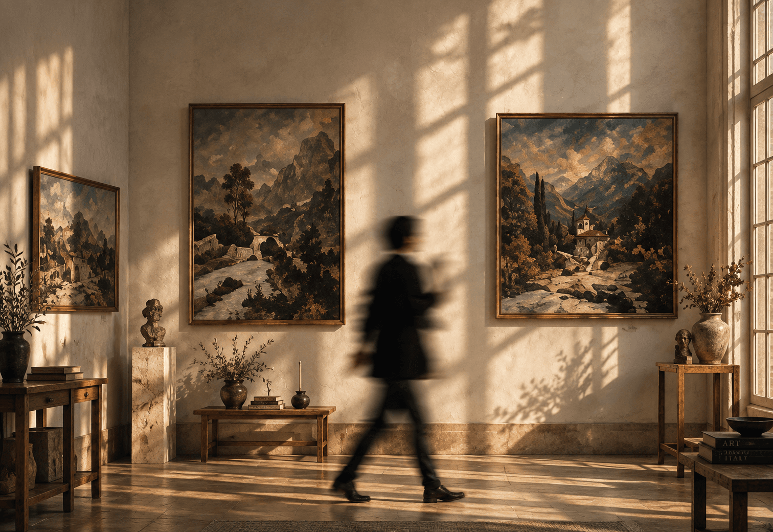 Visitor walking through a sunlit gallery hung with two large framed landscape paintings