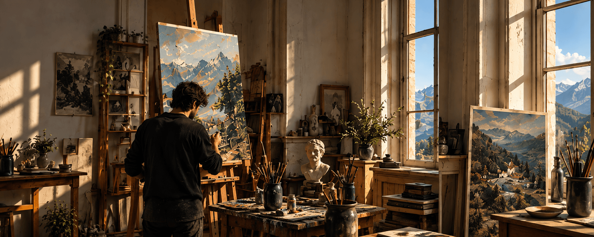 Painter working from behind at an easel on a mountain landscape canvas, surrounded by finished paintings in a sunlit plaster studio overlooking the mountains
