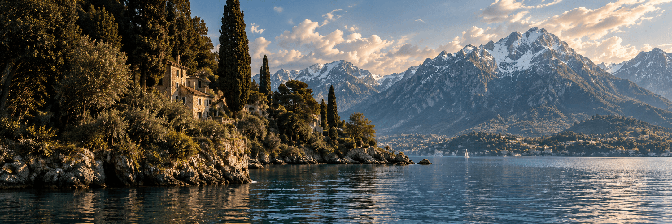 Wide alpine lake at golden hour with a stone villa on a wooded headland and snow-capped peaks beyond