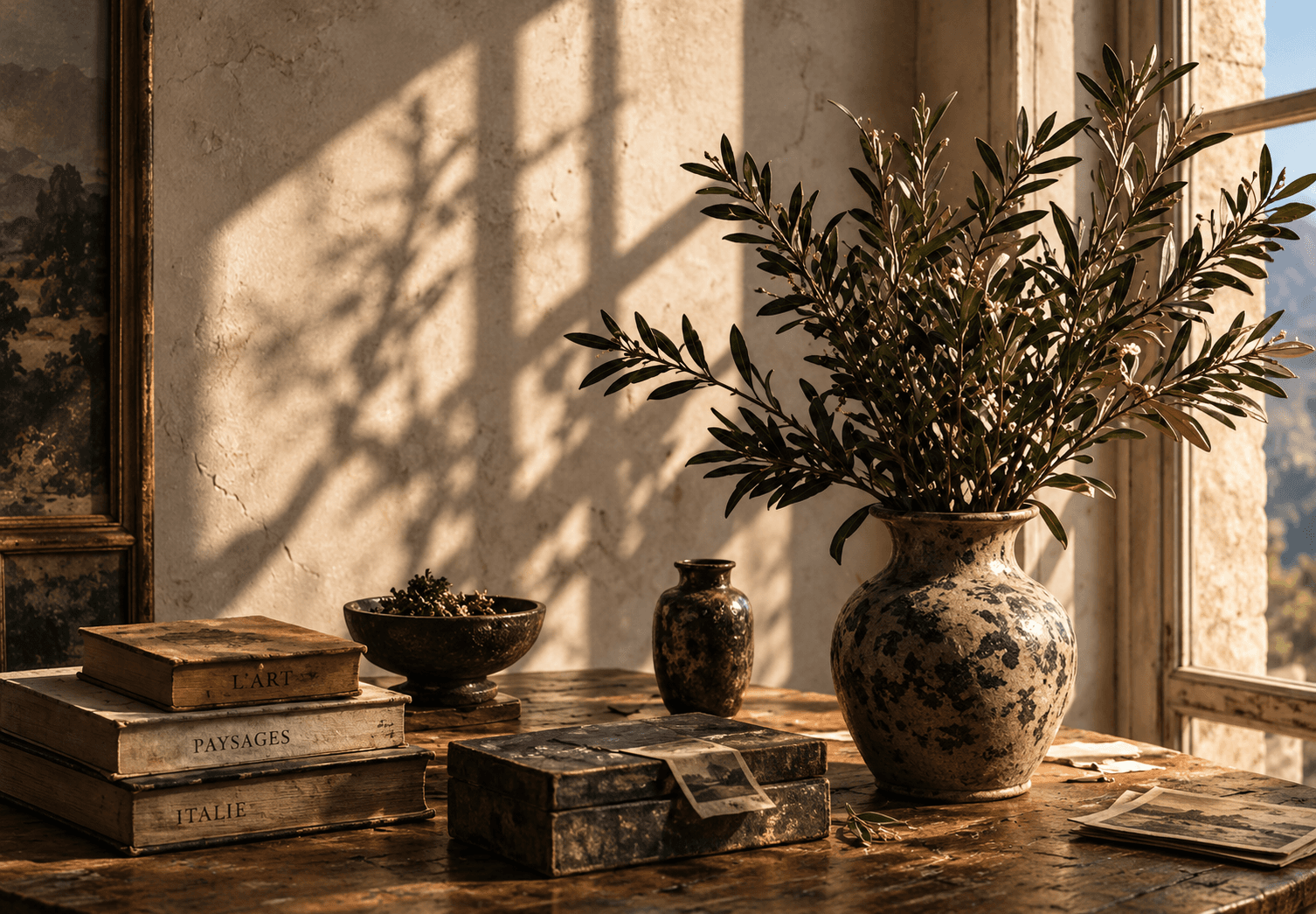 Still life painting of olive branches in a weathered vase beside stacked art books on a wooden table