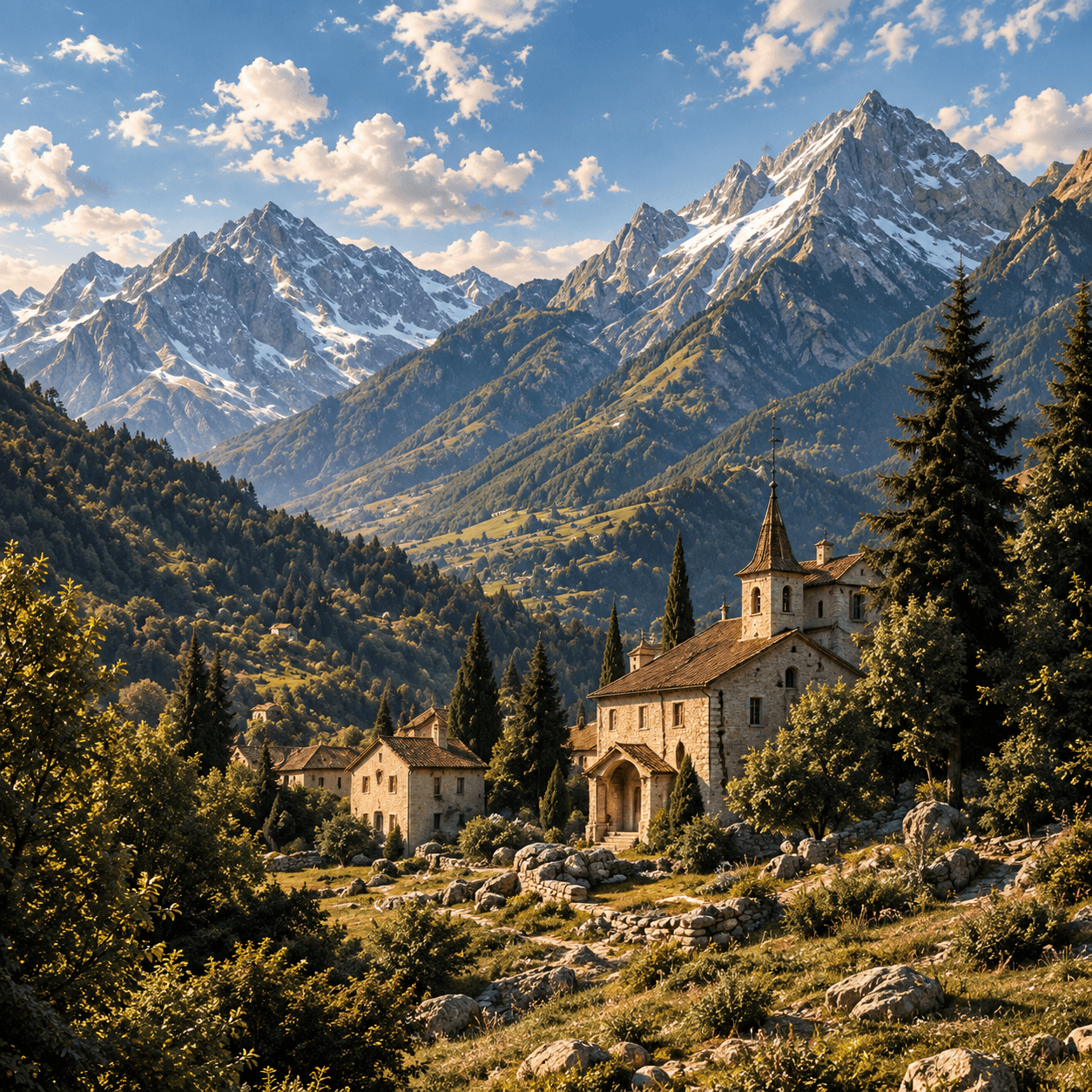 Detail of an oil painting showing a hillside chapel below misted alpine peaks