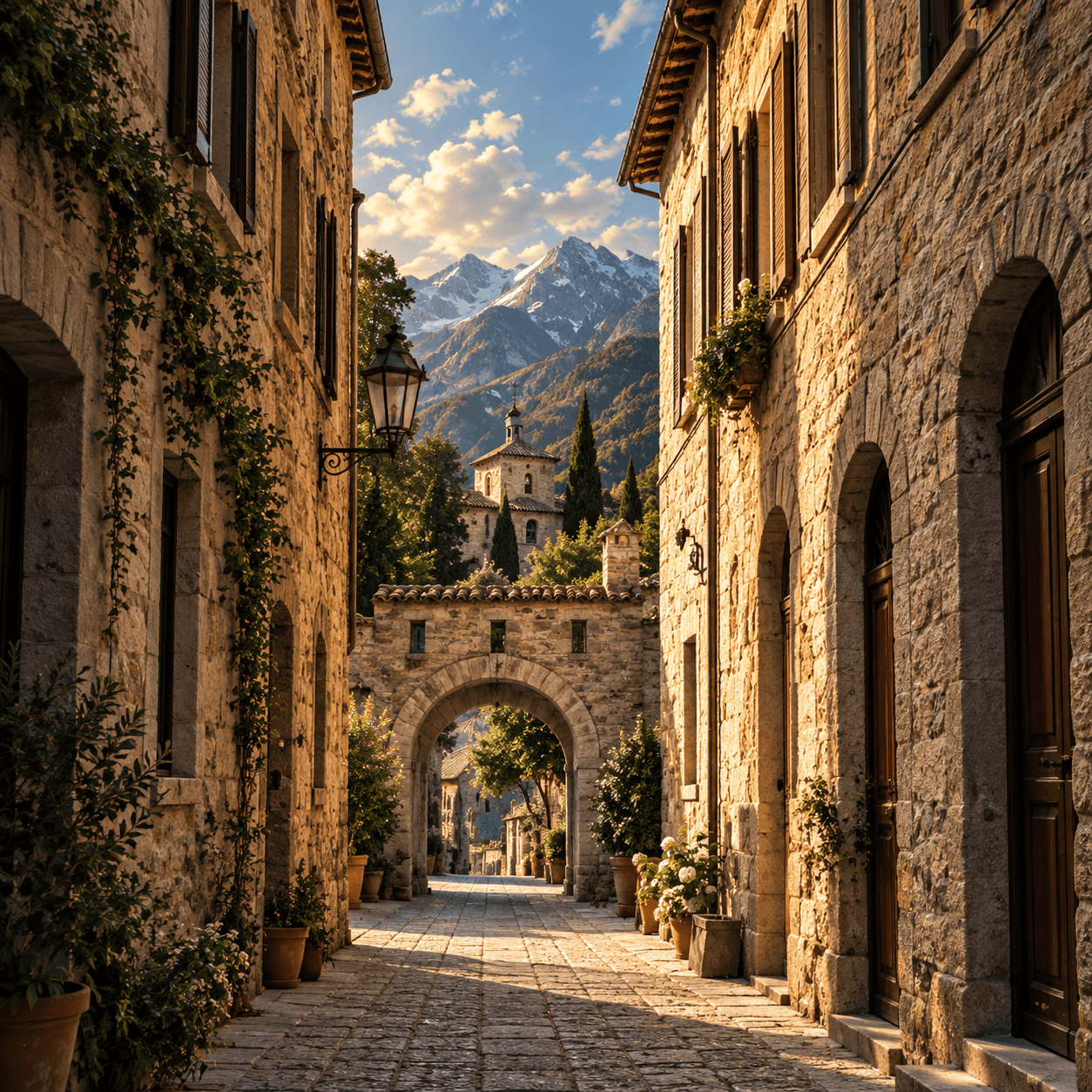Painting of a narrow cobbled street leading to a stone archway with mountains beyond at sunset