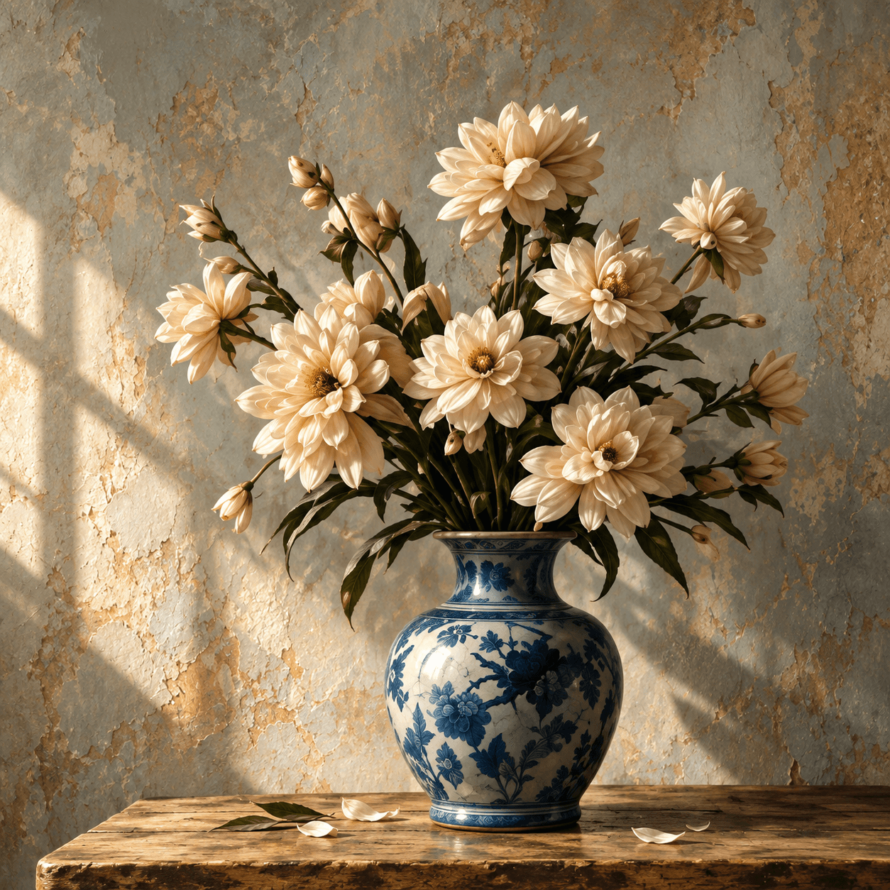 Still life painting of cream dahlias in a blue and white porcelain vase on a worn wooden table